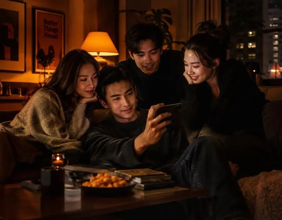 观众使用黄果短剧成人 APP 一起观看短剧的场景